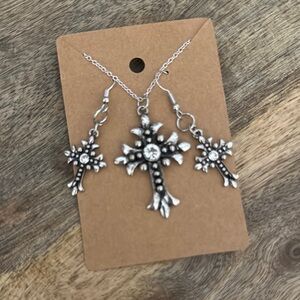 Elegant Silver Cross Necklace and Earring Set